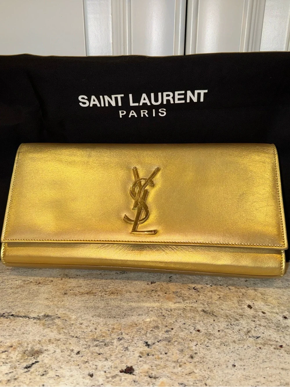 Saint Laurent Metallic Gold Leather YSL Logo Clutch